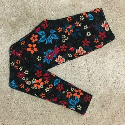 LuLaRoe Leggings OS BLACK Bright FLOWERS ~ Turquoise Orange Pink Floral UNICORN